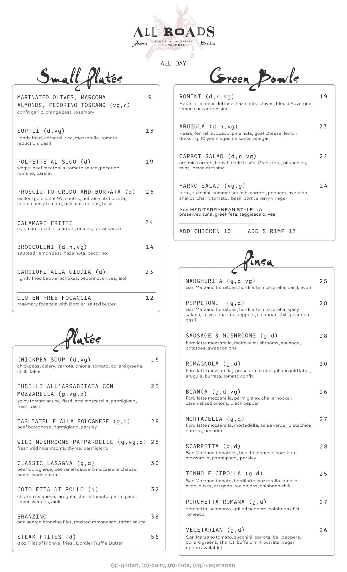 Menu | Discover & Reserve Your Table Today — All Roads Pinseria +